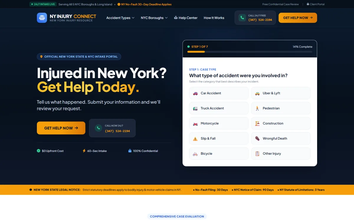NY Injury Connect Legal Intake Platform and Accident Evaluation Portal