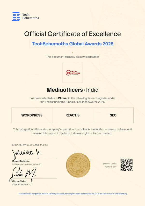 TechBehemoths Global Awards 2025 Official Certificate of Excellence - MediaOfficers