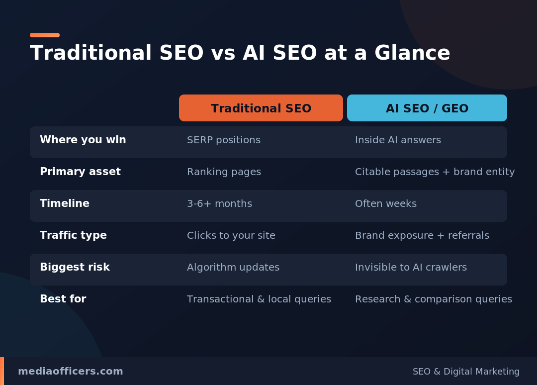 Traditional SEO vs AI SEO side by side comparison infographic