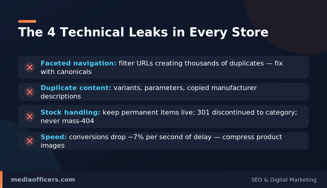 4 technical SEO leaks in every ecommerce store infographic