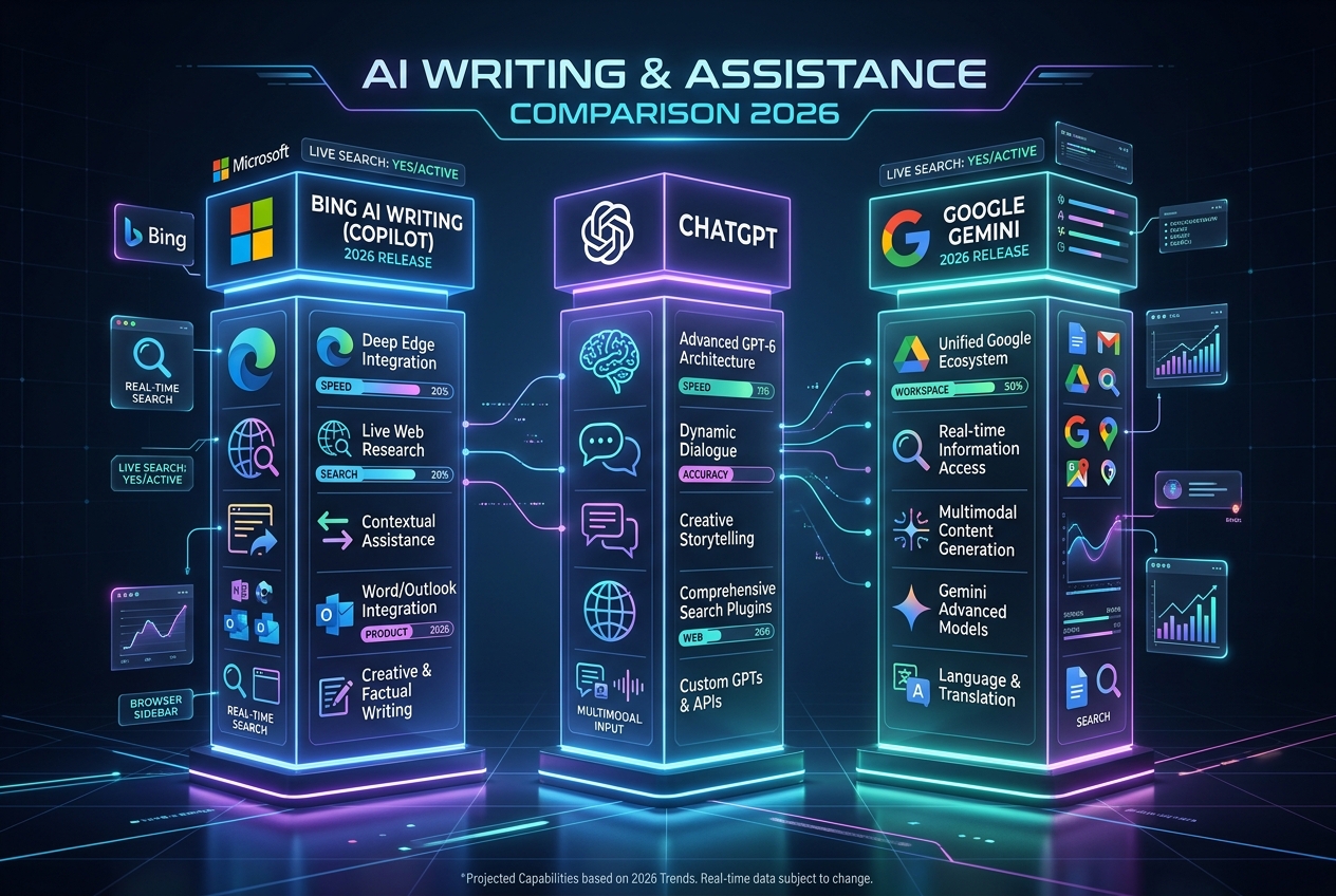 Bing AI Writing vs ChatGPT vs Google Gemini Infographic Comparison 2026