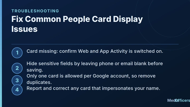 Infographic listing troubleshooting fixes for a Google People Card not showing in Search