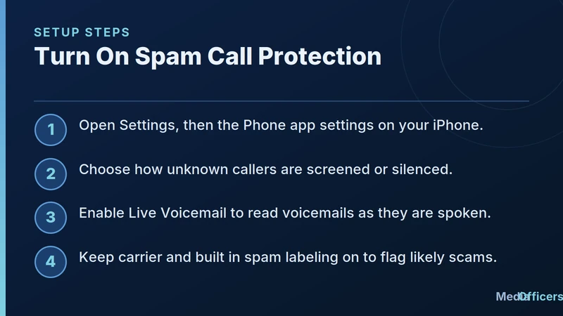 Infographic listing setup steps to turn on iOS spam call protection and live voicemail