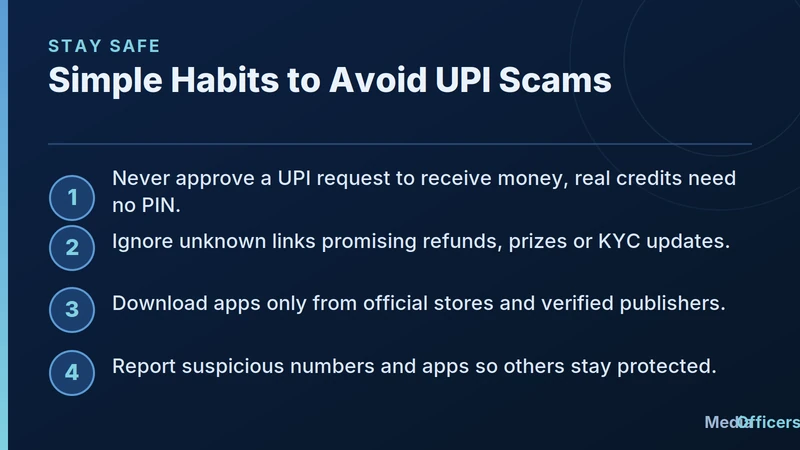 Infographic listing simple habits to avoid UPI scams and financial fraud