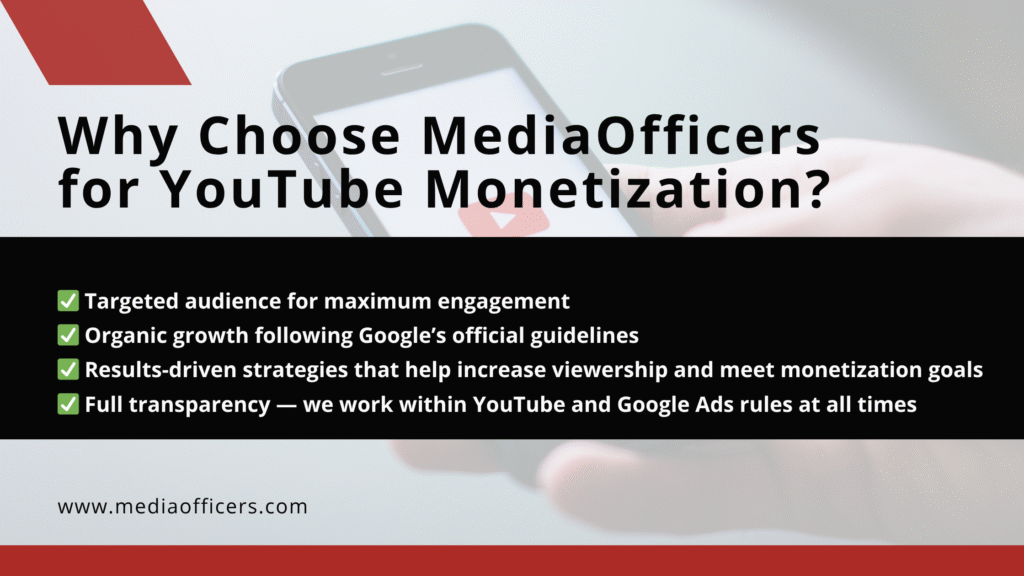 Organic Promotion for YouTube Monetization - Real Watch Time & Subscribers 2 Why Choose Mediaofficers For Youtube Monetization